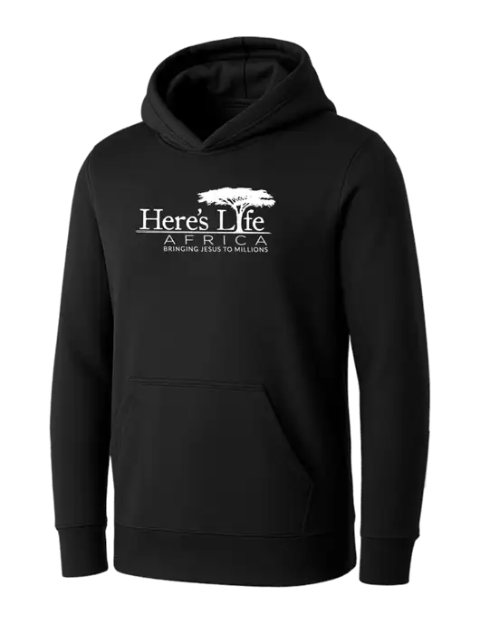 Womens Black Core Fleece Pullover Hooded Sweatshirt w/Here's Life Africa Logo