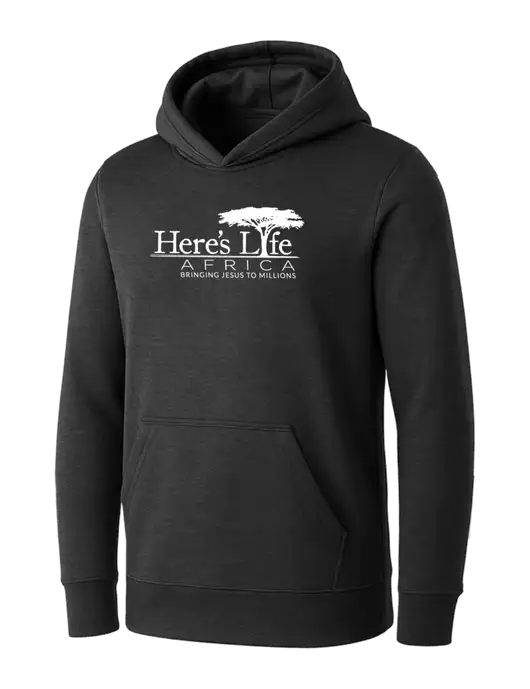 Womens Dark Grey Heather Core Fleece Pullover Hooded Sweatshirt w/Here's Life Africa Logo