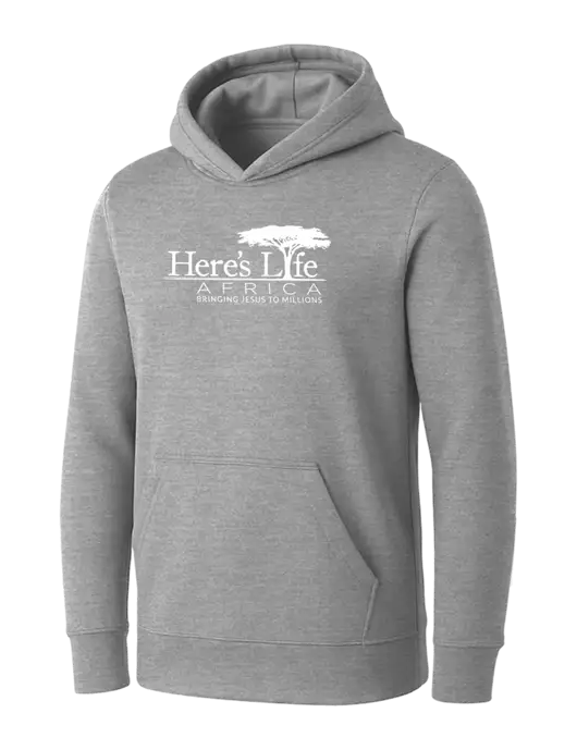 Womens Light Grey Heather Core Fleece Pullover Hooded Sweatshirt w/Here's Life Africa Logo
