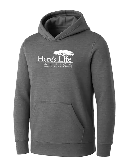 Womens Medium Grey Heather Core Fleece Pullover Hooded Sweatshirt w/Here's Life Africa Logo