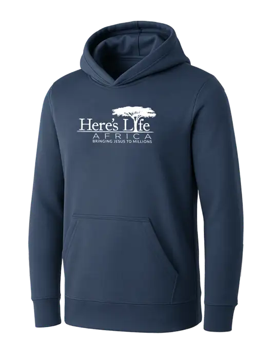 Womens Navy Core Fleece Pullover Hooded Sweatshirt w/Here's Life Africa Logo