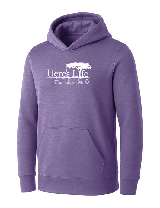 Womens Purple Heather Core Fleece Pullover Hooded Sweatshirt w/Here's Life Africa Logo