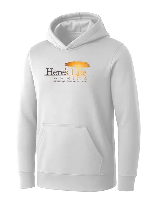 Womens White Core Fleece Pullover Hooded Sweatshirt w/Here's Life Africa Logo