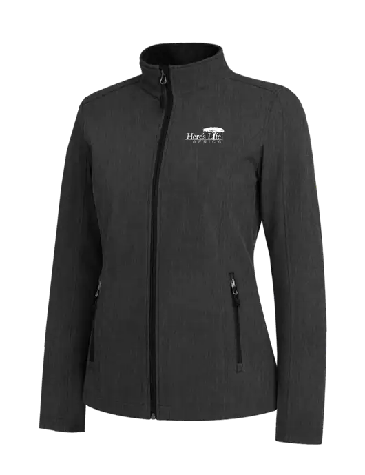 Black Charcoal Heather Womens Core Soft Shell Jacket w/Here's Life Africa Logo