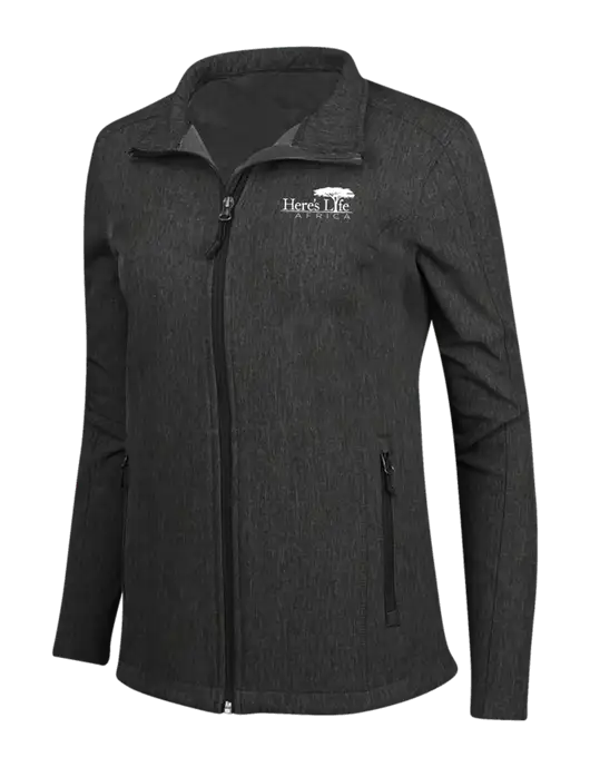 Black Charcoal Heather Womens Core Soft Shell Jacket w/Here's Life Africa Logo