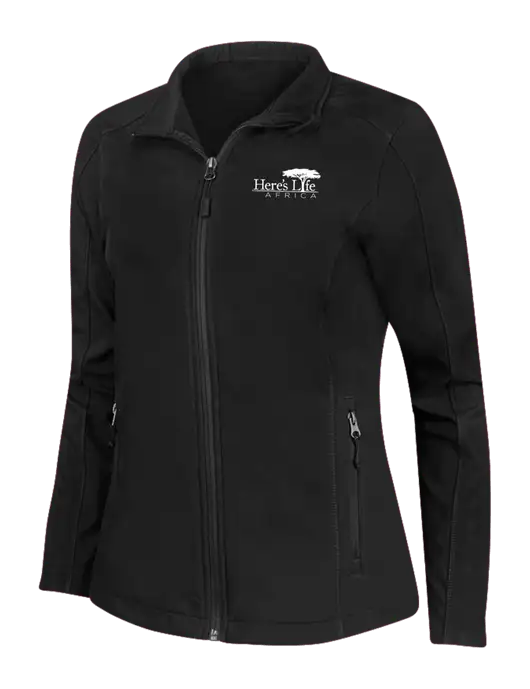 Black Womens Core Soft Shell Jacket w/Here's Life Africa Logo
