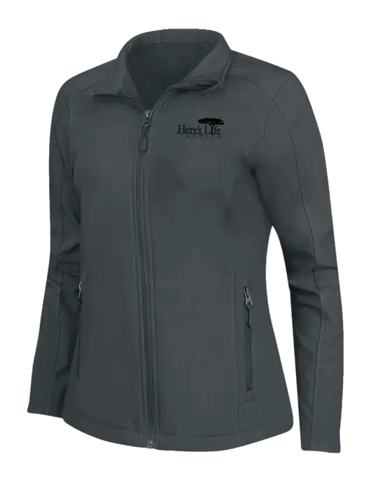 Charcoal Grey Womens Core Soft Shell Jacket w/Here's Life Africa Logo