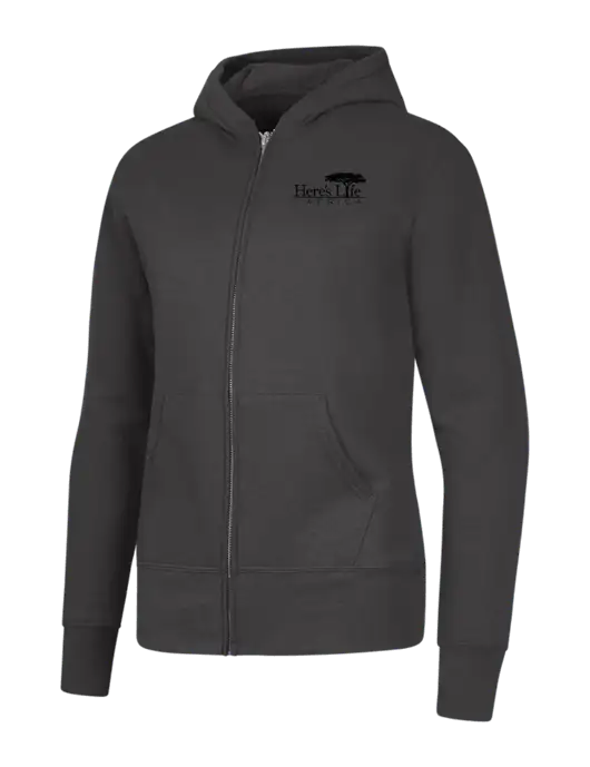 Charcoal Womens Core Fleece Full-Zip Hooded Sweatshirt w/Here's Life Africa Logo