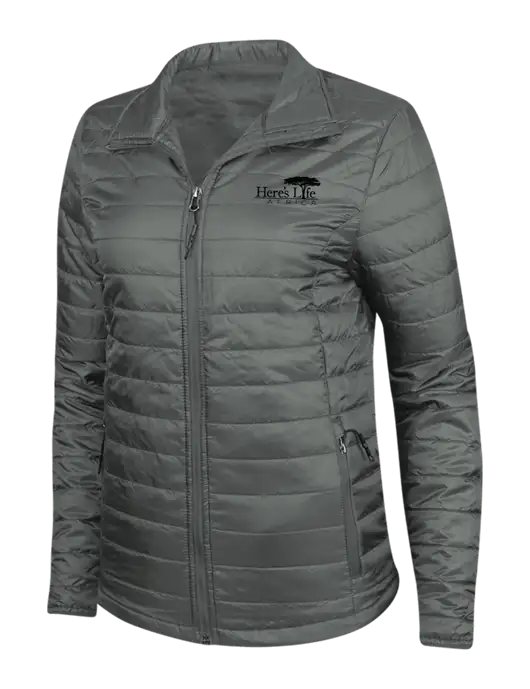 Dark Grey Womens Puffy Packable Jacket w/Here's Life Africa Logo