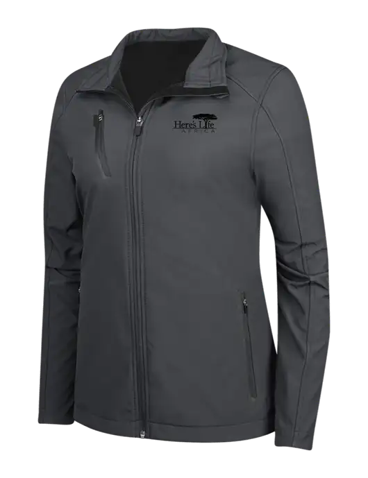 Dark Grey Womens Welded Softshell Jacket w/Here's Life Africa Logo