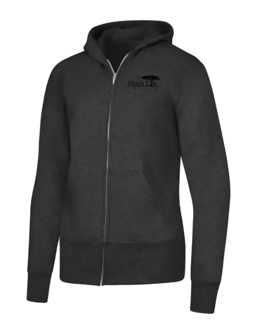 Dark Heather Grey Womens Core Fleece Full-Zip Hooded Sweatshirt w/Here's Life Africa Logo