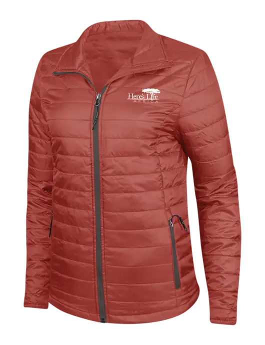 Dark Red Womens Puffy Packable Jacket w/Here's Life Africa Logo