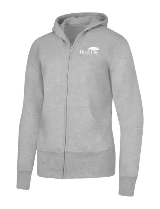Grey Heather Womens Core Fleece Full-Zip Hooded Sweatshirt w/Here's Life Africa Logo
