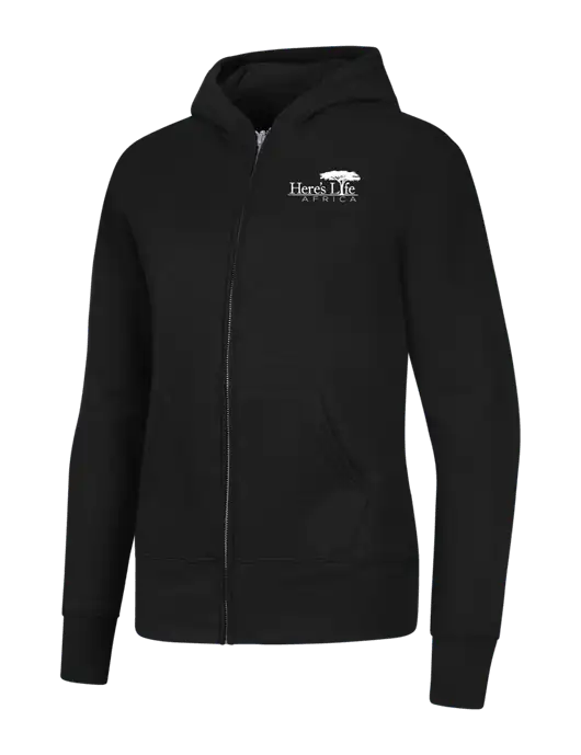 Jet Black Womens Core Fleece Full-Zip Hooded Sweatshirt w/Here's Life Africa Logo