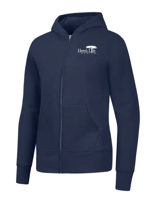 Navy Womens Core Fleece Full-Zip Hooded Sweatshirt w/Here's Life Africa Logo