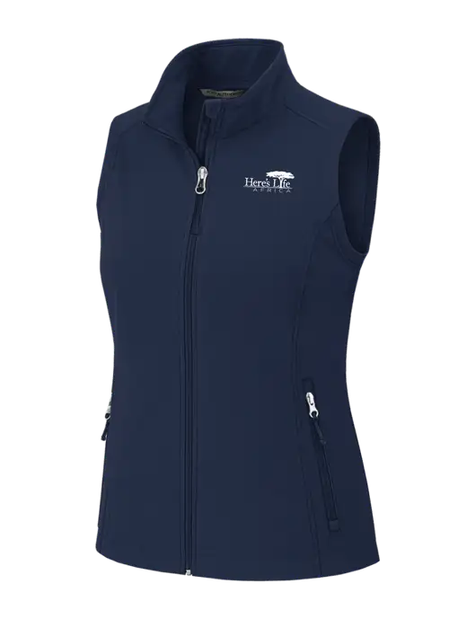 Navy Womens Core Soft Shell Vest w/Here's Life Africa Logo