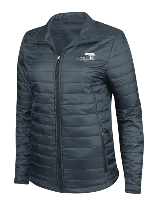 Navy Womens Puffy Packable Jacket w/Here's Life Africa Logo