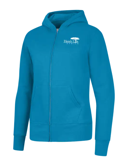 Neon Blue Womens Core Fleece Full-Zip Hooded Sweatshirt w/Here's Life Africa Logo