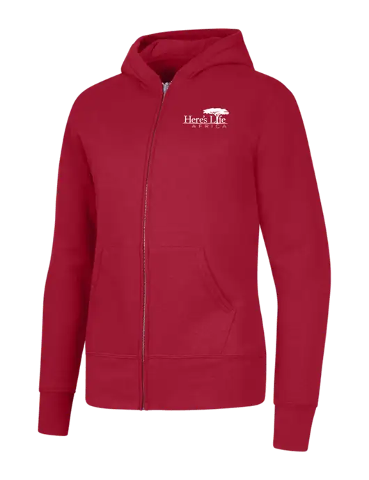 Red Womens Core Fleece Full-Zip Hooded Sweatshirt w/Here's Life Africa Logo