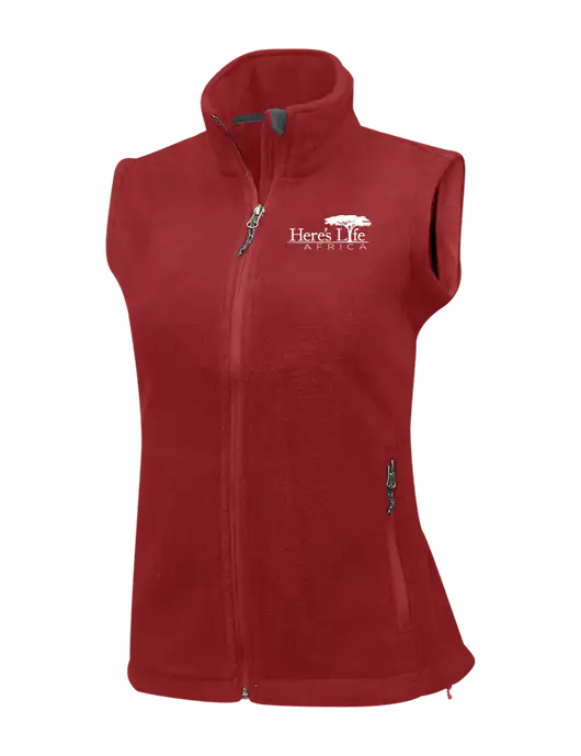 Red Womens Fleece Vest w/Here's Life Africa Logo