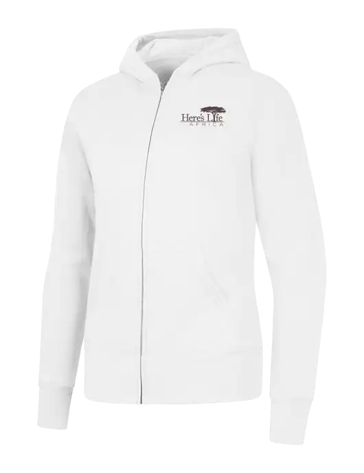 White Womens Core Fleece Full-Zip Hooded Sweatshirt w/Here's Life Africa Logo