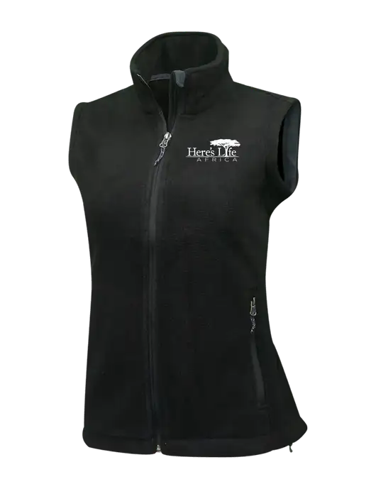 Womens Black Fleece Vest w/Here's Life Africa Logo