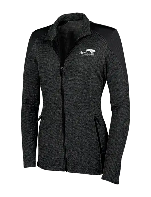 Womens Black Grid Fleece Jacket w/Here's Life Africa Logo