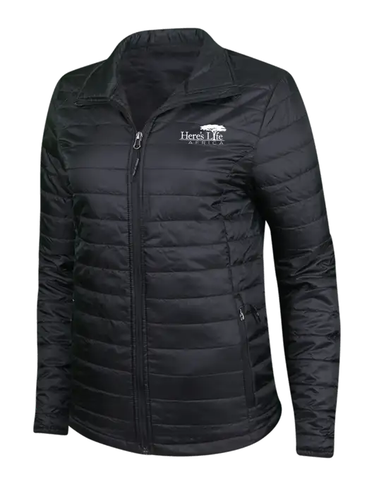 Womens Black Puffy Packable Jacket w/Here's Life Africa Logo