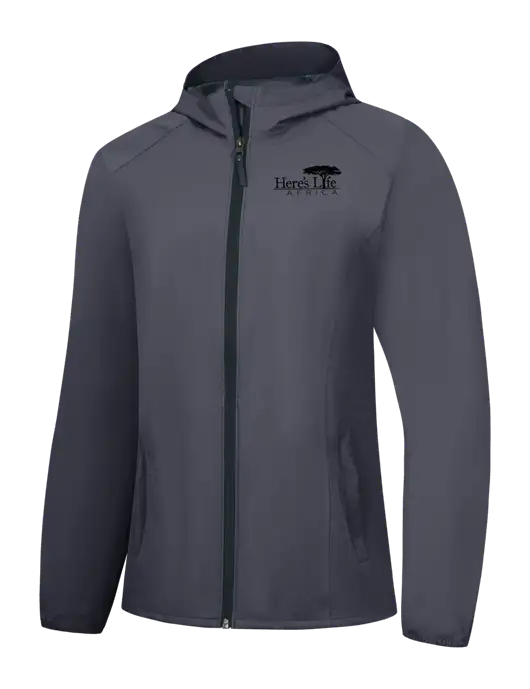 Womens Dark Grey Essential Rain Jacket w/Here's Life Africa Logo