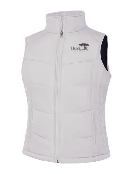 Womens White/Dark Slate Puffy Vest w/Here's Life Africa Logo