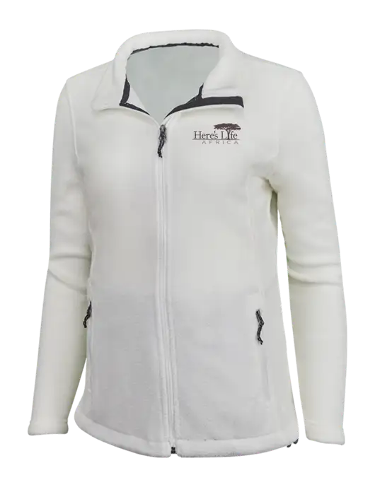 Womens White Fleece Jacket w/Here's Life Africa Logo