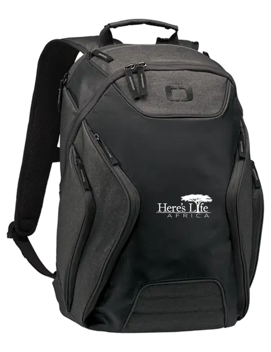 OGIO Black/Heather Grey Hatch Laptop Backpack
 w/Here's Life Africa Logo