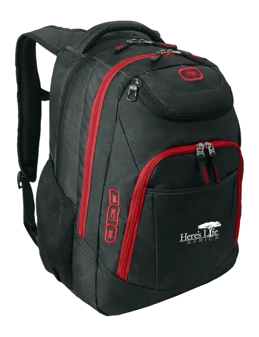 OGIO Dark Grey/Red Excelsior Laptop Backpack w/Here's Life Africa Logo