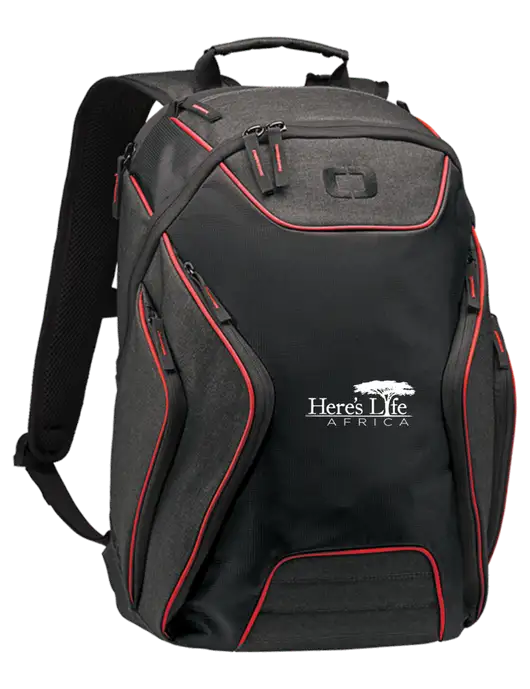 OGIO Red/Heather Grey Hatch Laptop Backpack
 w/Here's Life Africa Logo